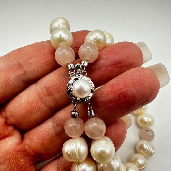 Big pearl, rose quartz double stranded bracelet with sterling silver clasp! - Picture 6 of 11